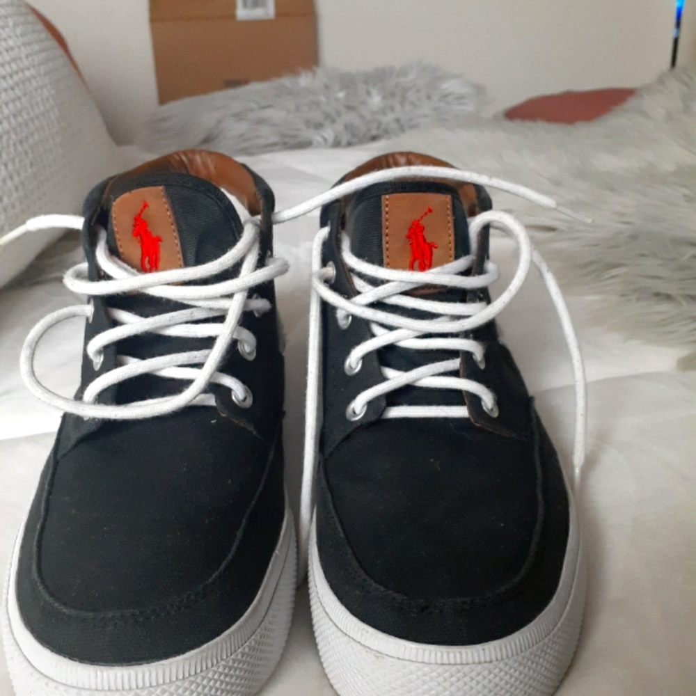 MEN leather and Canvas Polo high top shoe. Size8.5